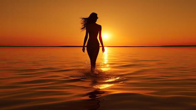 One woman walking on the beach at sunset