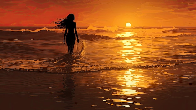 One woman walking on the beach at sunset