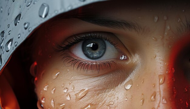 Photo one woman wet eye reflects the beauty of nature generated by artificial intelligence