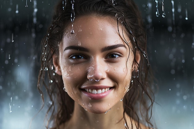 Одна мокрая женщина смотрит на камеру дождевая красота в природе