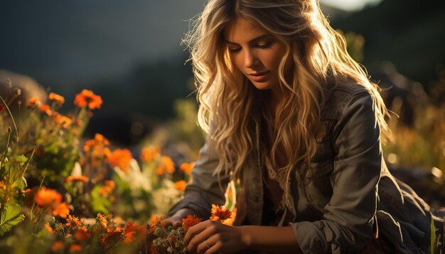 Foto una donna giovane e sorridente che si gode la bellezza della natura generata dall'intelligenza artificiale