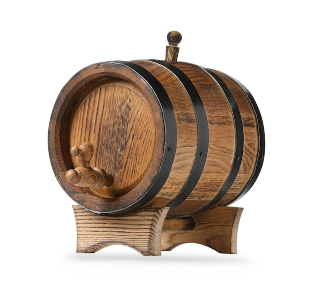 Photo one wooden barrel with tap on white background