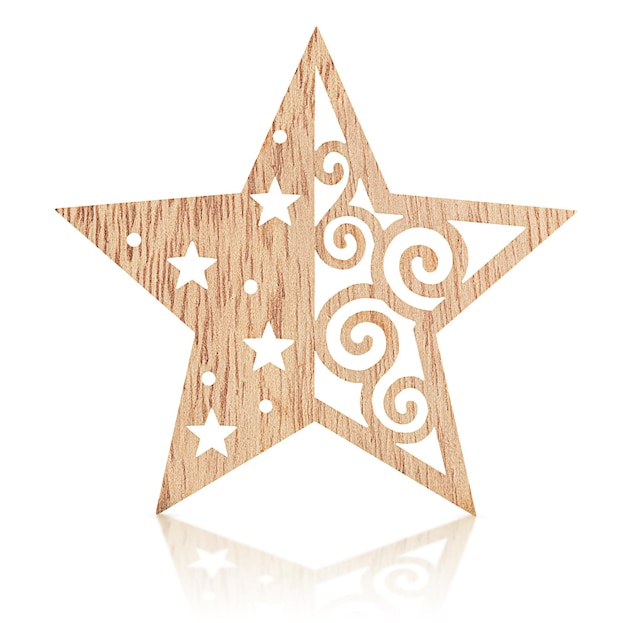 One wooden star with a pattern on a white isolated background Shristmas decoration