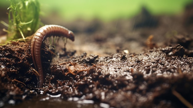 One worm in wet soil closeup terrestrial invertebrate