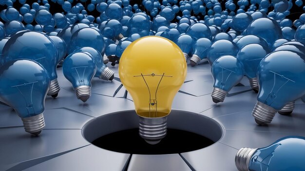 One yellow lightbulb emerge from the hole among falling blue light bulb with copy space for creativ