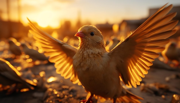 One yellow pigeon flying at sunset spreading its wings generated by artificial intelligence