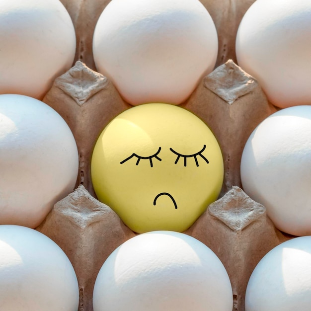 One yellow sad egg among many white eggsDifferent from otherCreative concept photographyConcept of the idea