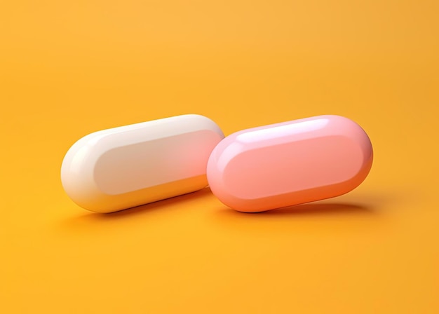 One yellow and white pill on a pink surface in the style of rendered in cinema4d