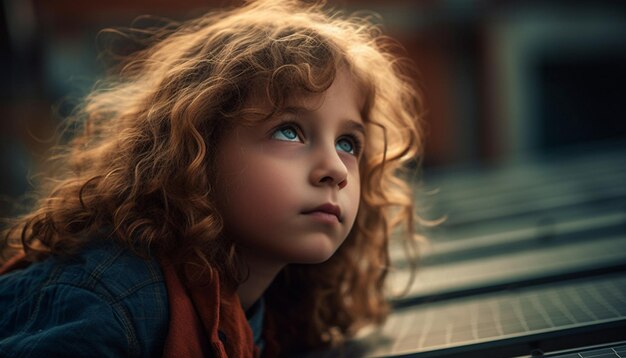 One young adult girl with curly brown hair looking sad generated by artificial intelligence