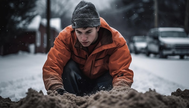 暖かい服を着た若い成人男性が人工知能によって生成された雪の中で屋外で働いています