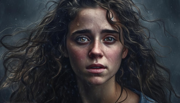 One young adult woman looking at camera with wet hair generated by AI