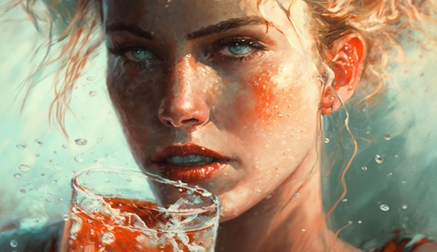 One young Caucasian woman enjoys a refreshing drink generative AI