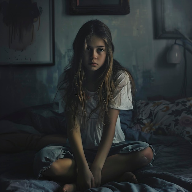 One young girl alone in the room at home sad and upset sitting on bed in the dark Bad negative thoughts daydreaming young child female Adolescence thoughtful stress concept Loneliness depression