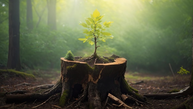 One young tree emerging from old tree stump background photo