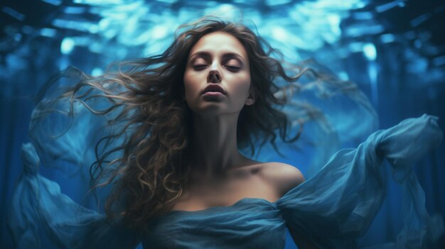 one young woman blue portrait underwater creativity