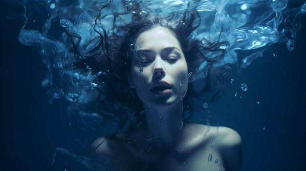 one young woman blue portrait underwater creativity