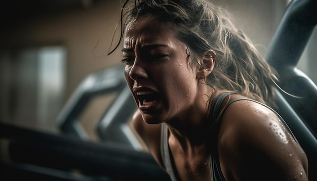 One young woman a Caucasian athlete exercising indoors with determination generated by artificial intelligence