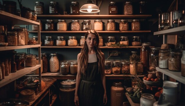 One young woman confident and smiling holds homemade jar generated by AI