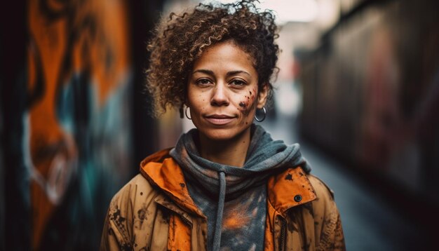 One young woman confident and smiling in a leather jacket generated by AI