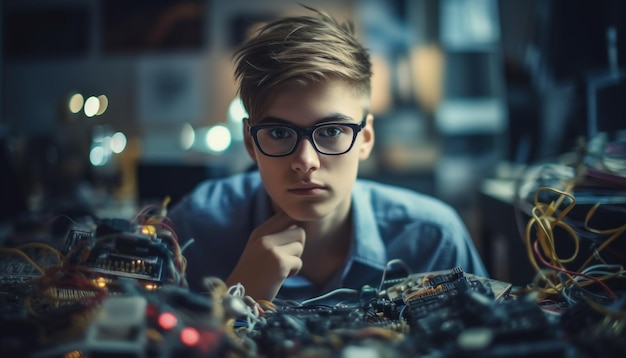 Foto una giovane donna in possesso di attrezzature saldate con esperienza in officina generata da ai