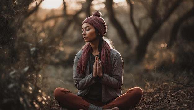 Фото Одна молодая женщина медитирует в тихом осеннем лесу, созданном ии