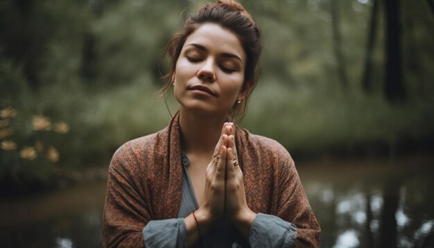 One young woman meditating in serene autumn forest by water generated by AI