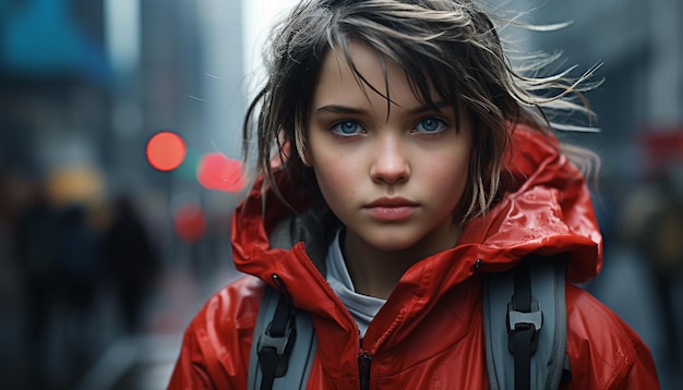 人工知能によって生成された屋外でカメラを見ているレインコートを着た 1 人の若い女性
