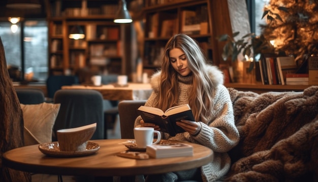 屋内に座って AI によって生成されたコーヒーを楽しみながら本を読んでいる 1 人の若い女性