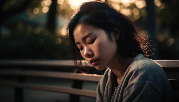 One young woman sitting outdoors in nature finding relaxation generated by AI