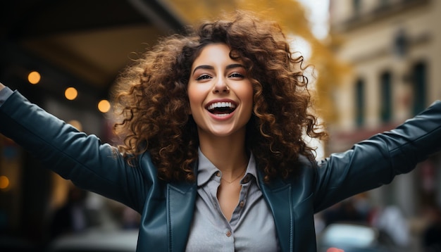 Foto una giovane donna sorridente che si gode la vita cittadina con la fiducia generata dall'ia