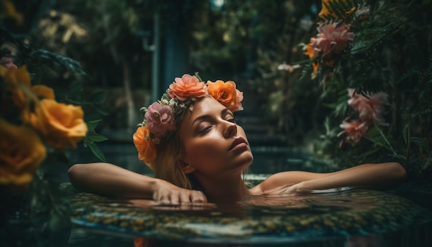 One young woman smiling enjoying nature freshness generated by AI