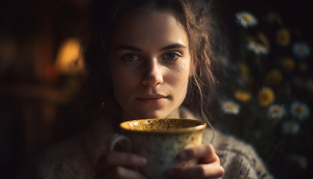 人工知能によって生成された自然の新鮮さを楽しむコーヒーカップを握る笑顔の若い女性