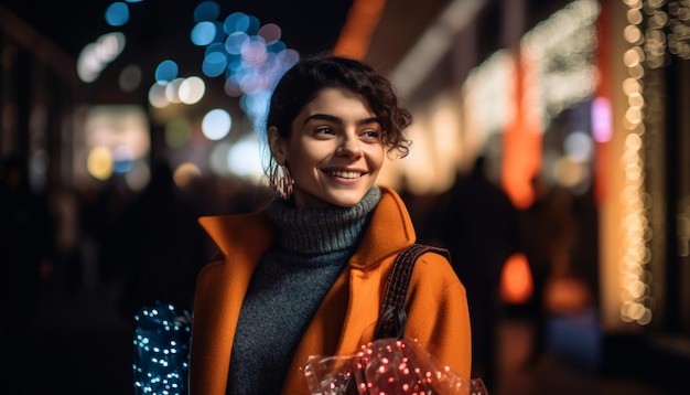 One young woman smiling with joy illuminated by Christmas lights generated by AI