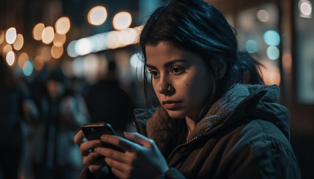 Одна молодая женщина пишет сообщения в ночной жизни города, созданной ИИ