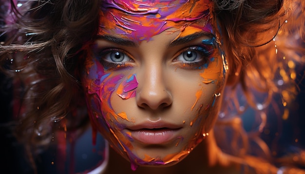 One young woman with multi colored face paint looking at camera generated by artificial intelligence