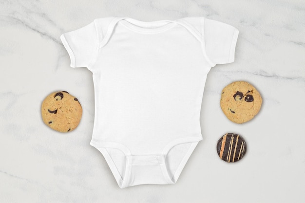 Onesie Mockup with Tempting Chocolate Chip Cookies