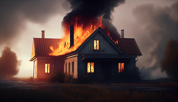 平屋の木造住宅が燃えている ジェネレーティブ AI