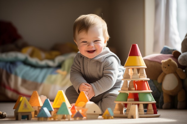한 살짜리 소년이 자기 방에 앉아서 장난감 피라미드를 모으고 있다