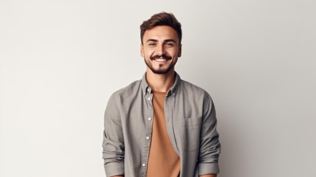 onfident handsome man with arms crossed over body smiling and looking determined