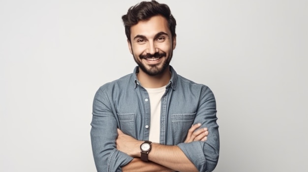 onfident handsome man with arms crossed over body smiling and looking determined