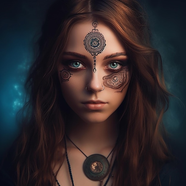 Ongebruikelijk meisje met blauwe ogen en tatoeages op haar gezicht derde oog Indiase tatoeages exoterische hekserij