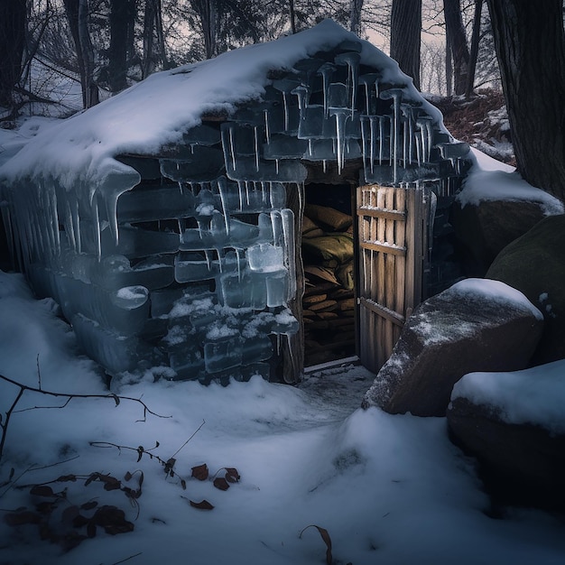 Ongebruikelijk vreemd landschapshuis in het bos bedekt met ijsfantasieillustratie