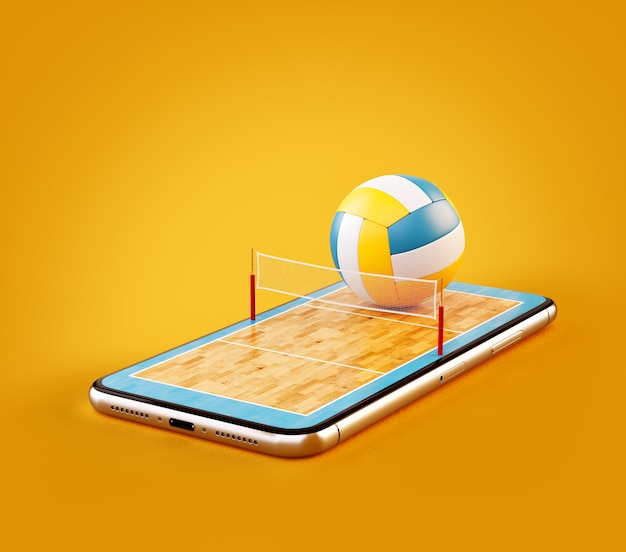 Ongebruikelijke 3D-afbeelding van een volleybalbal en op de baan op het scherm van een smartphone