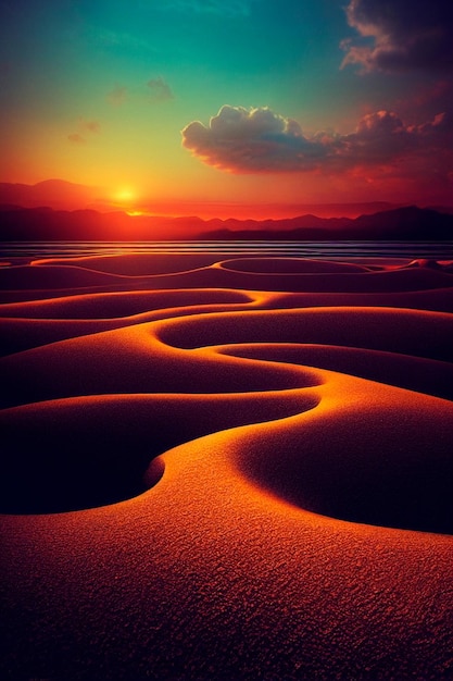 Ongebruikelijke woestijnduinen onder een contrasterende verzadigde hemel