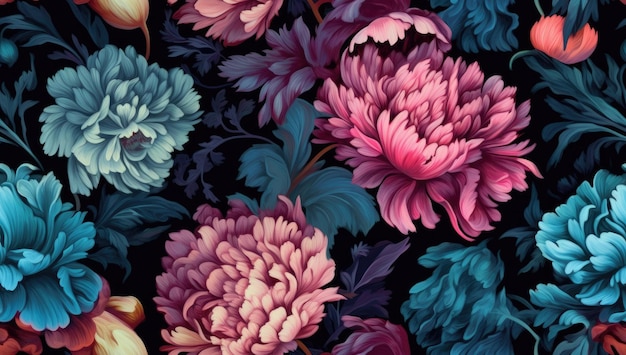 Foto ongebruikelijke zomer naadloze bloemmotief blauwe en roze bloemen op een zwarte achtergrond vintage naadloze patroon gemaakt met generatieve ai-technologie