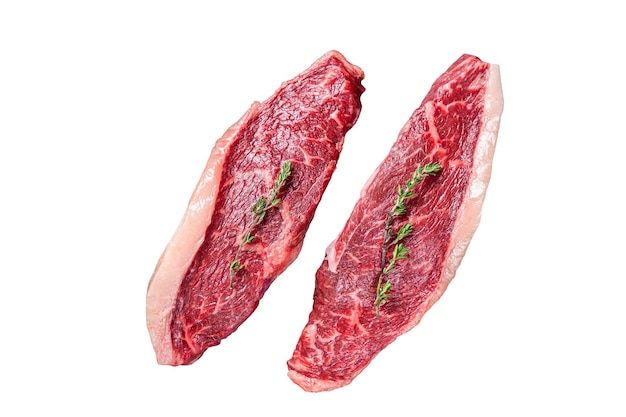 Ongekookt Raw top entrecote cap of rump beef steaks op een slagersmes geïsoleerd op een witte achtergrond