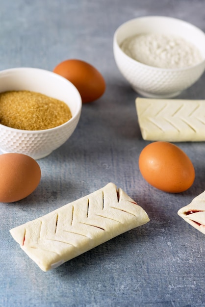 Ongekookte broodjes met rode jam op blauwe achtergrond Ingrediënten suikermeel eieren Frans gebak