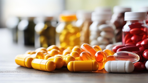 Foto ongelabelde medicijnflessen en capsules kleurrijke pillen in farmaceutische potten concept medicatie medicijn geneeskunde farmaceutische medicijn medische behandeling farmacologie