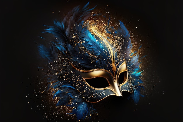 Ongelofelijk gedetailleerd carnavalmasker met blauwe veren, goudstof en schitterende lichteffecten.