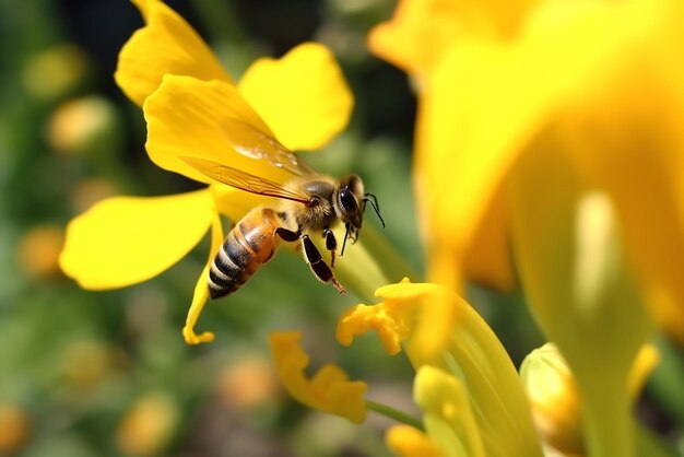 Ongelooflijke vliegende honingbij die stuifmeel verzamelt bij gele bloem gemaakt met generatieve AI-tools